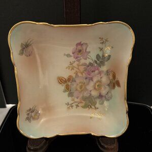 Vintage SCHUMANN ARZBERG Wild Rose Square Bowl Candy Trinket Dish Gold Trim